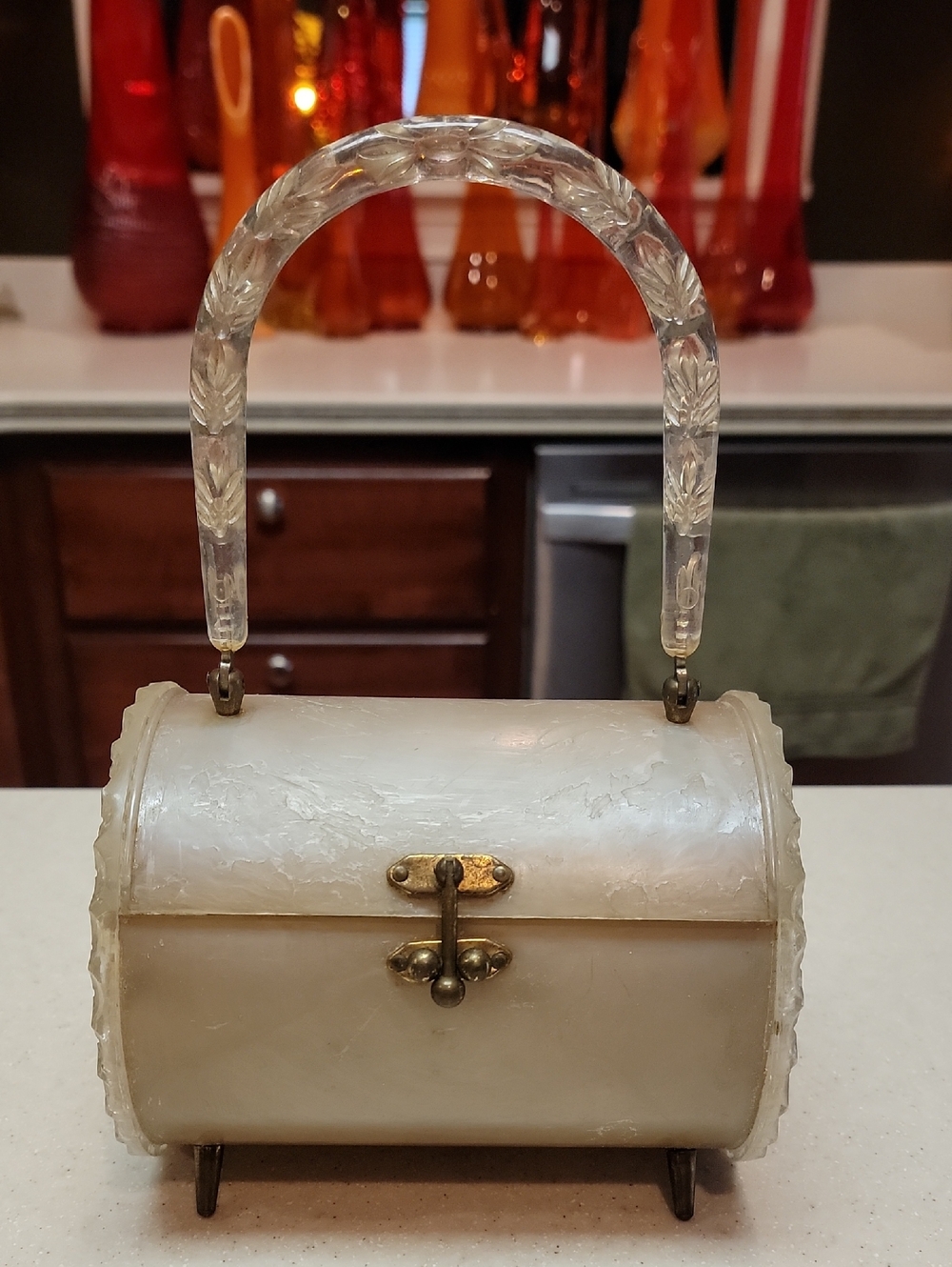 Vintage Pearl White Barrel Handbag with Carved Lucite Handle